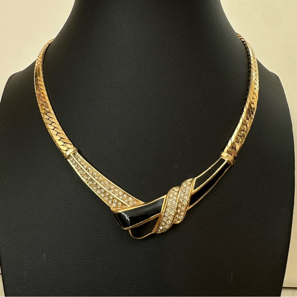 Authentic Christian Dior 1970s Black Enamel Crystals Tie Knot Necklace with COA